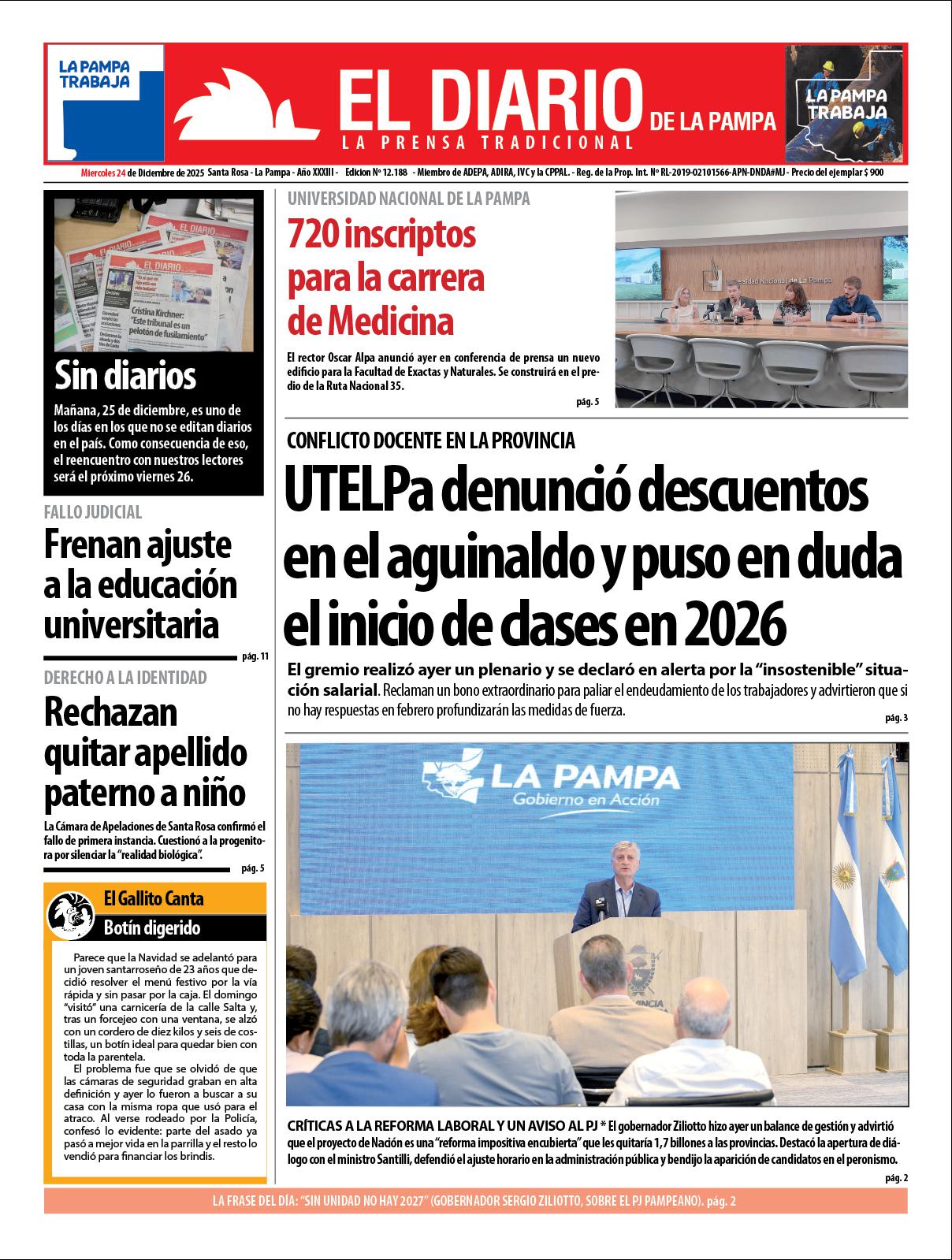 Tapa de El Diario en papel  mieacutercoles 24 de diciembre de 2025